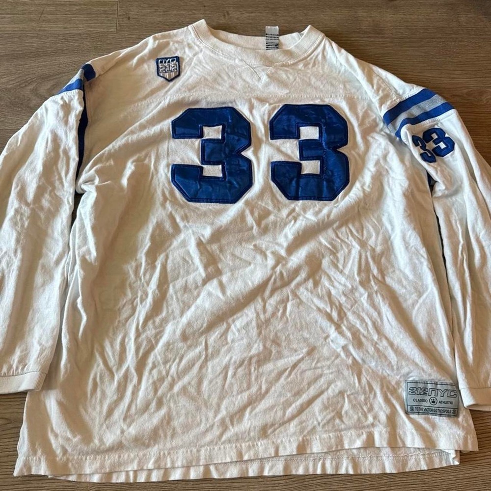 212 NYC Classic Athletic #33 Football Jersey Long Sleeve Shirt 3XL White Blue